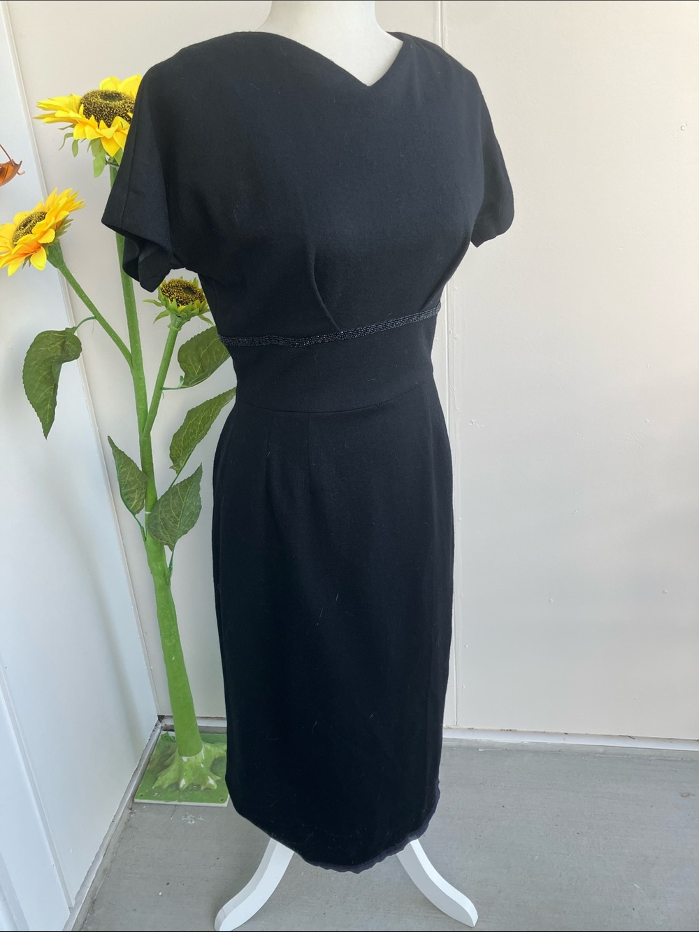 Vintage 60s Black Sheath Wiggle Midi Dress w Embellished Beaded Waistline AS IS